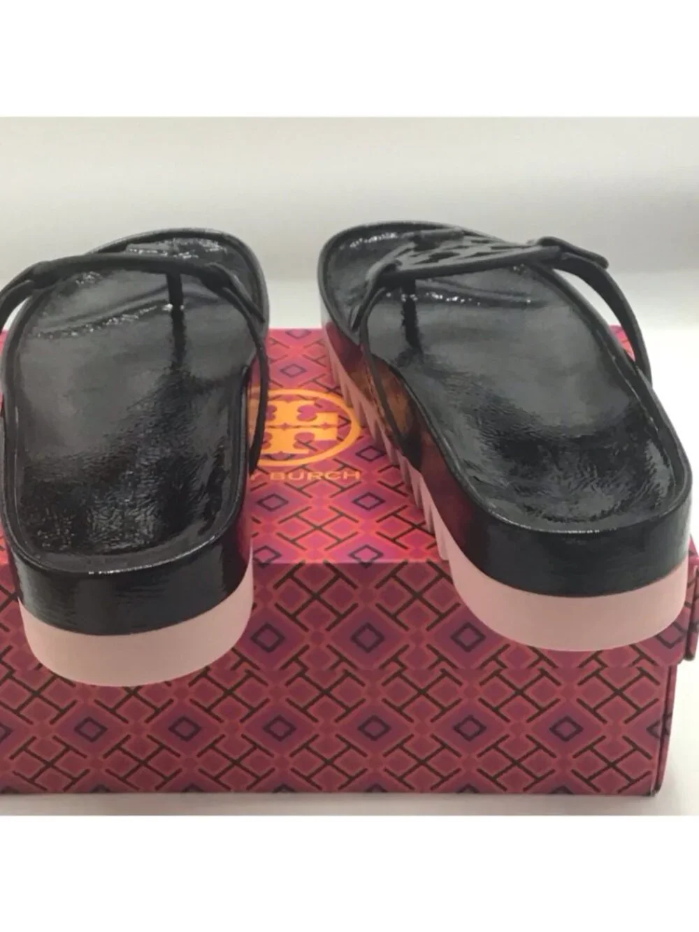 Tory Burch Miller Cloud Lug Black Pink Patent Leather Petunia Sandals Sz 8